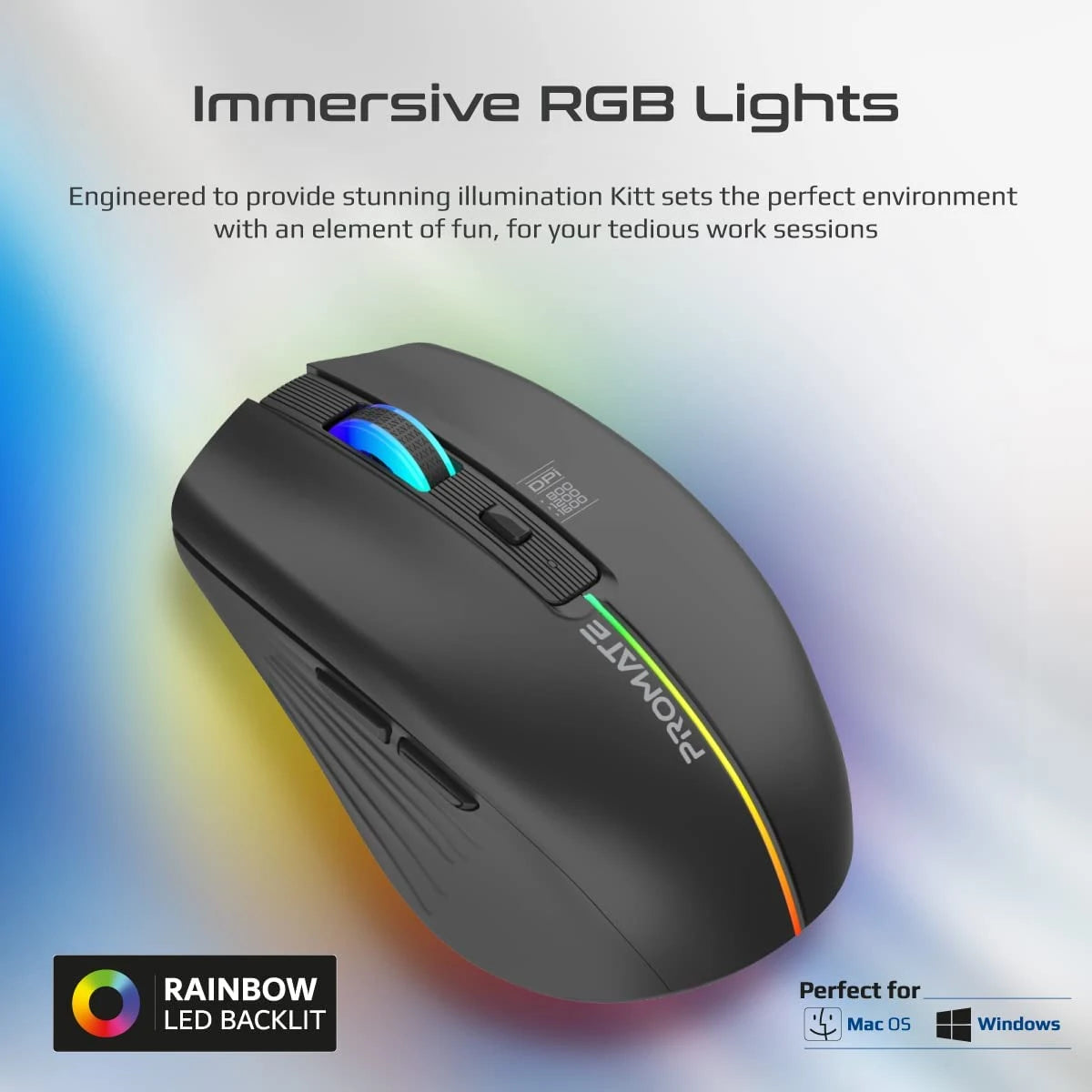 Promate Kitt Wireless Mouse, Ergonomic 500mAh Rechargeable LED Backlit Mice