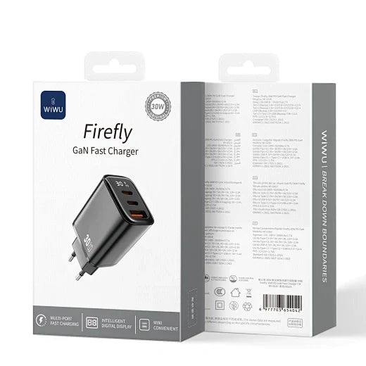 شاحن WiWU Firefly GaN 30W سريع PD | 2x USB-C + USB-A