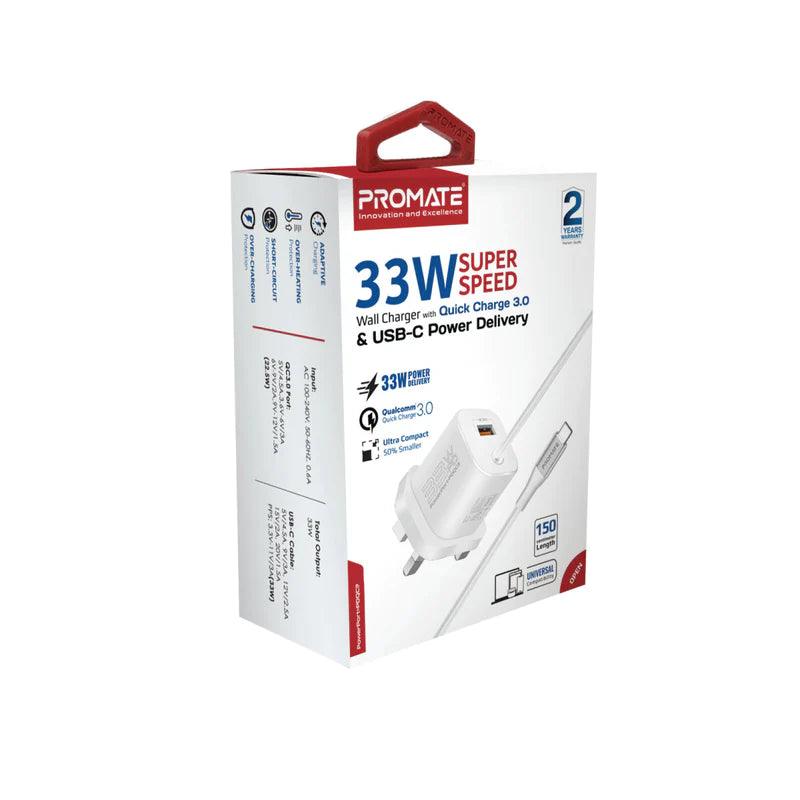 PROMATE PowerPort PDQC3 33W Super Speed Wall Charger - Black & White