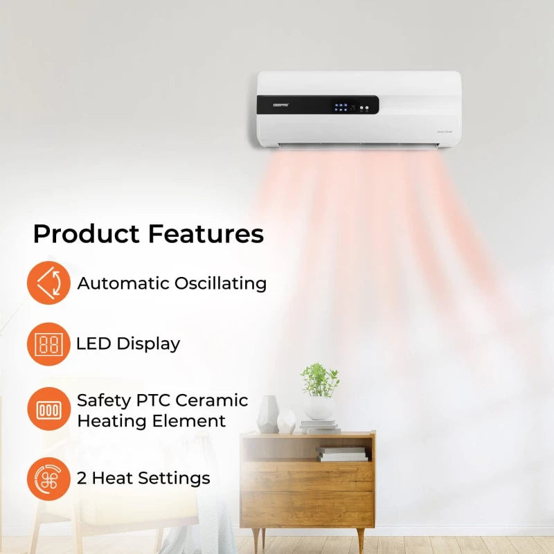 Geepas 2000W PTC Ceramic Wall Heater, Auto Oscillating, Remote Control, White GWH28515