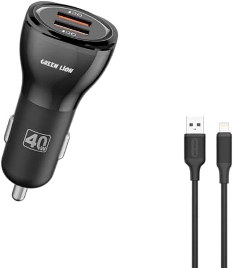 Green Lion 40W Car Charger + A to Lightning Cable – Dual USB-A