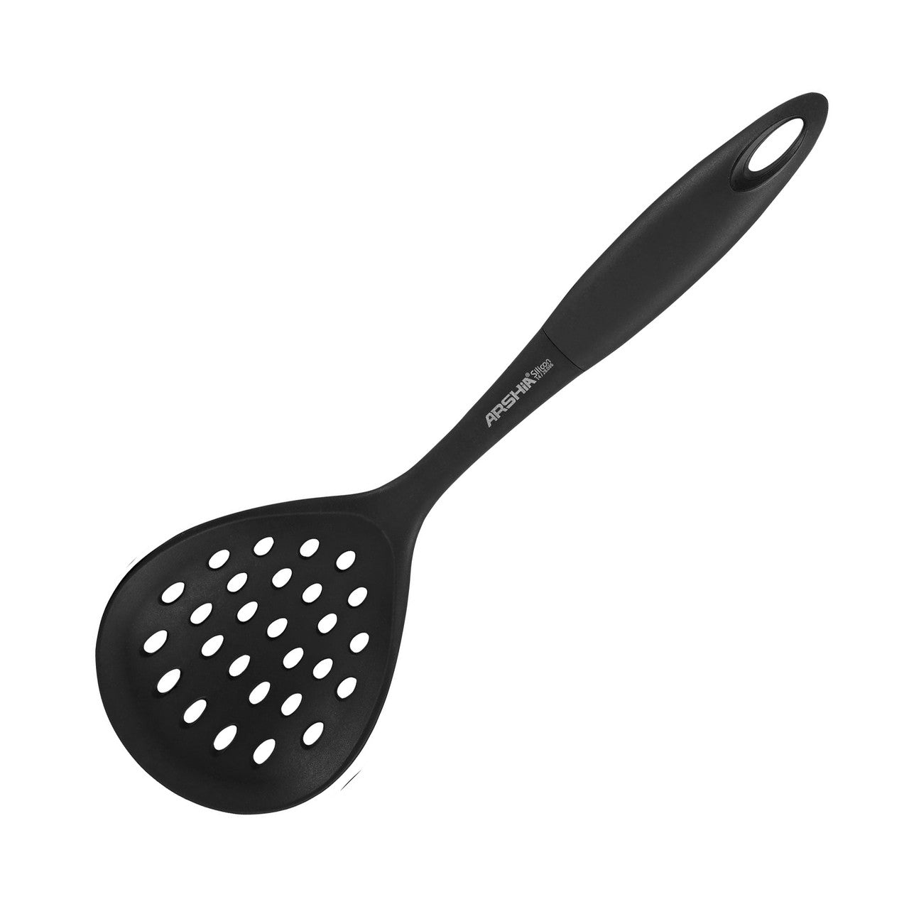 Arshia Silicone Strainer Skimmer – Heat-Resistant, Drain Holes, Non-Slip Handle, Non-Scratch | Black