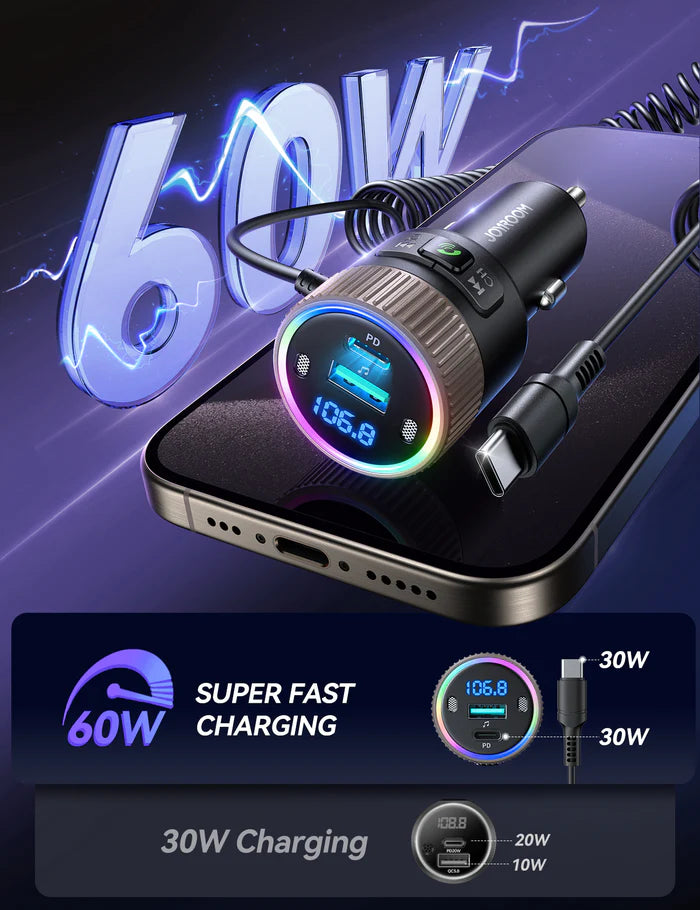 جهاز FM لاسلكي للسيارة JOYROOM 60W – شحن وموسيقى بجودة عالية