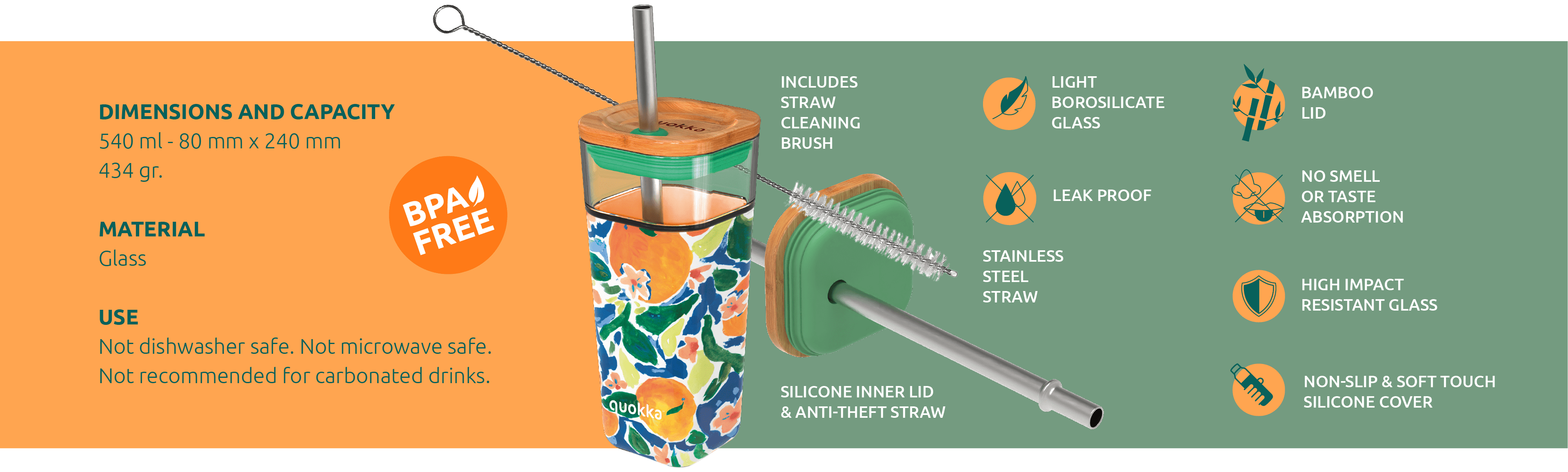 QUOKKA GLASS STRAW TUMBLER WITH SILICONE COVER LIQUID CUBE CHERRIES 540 ML