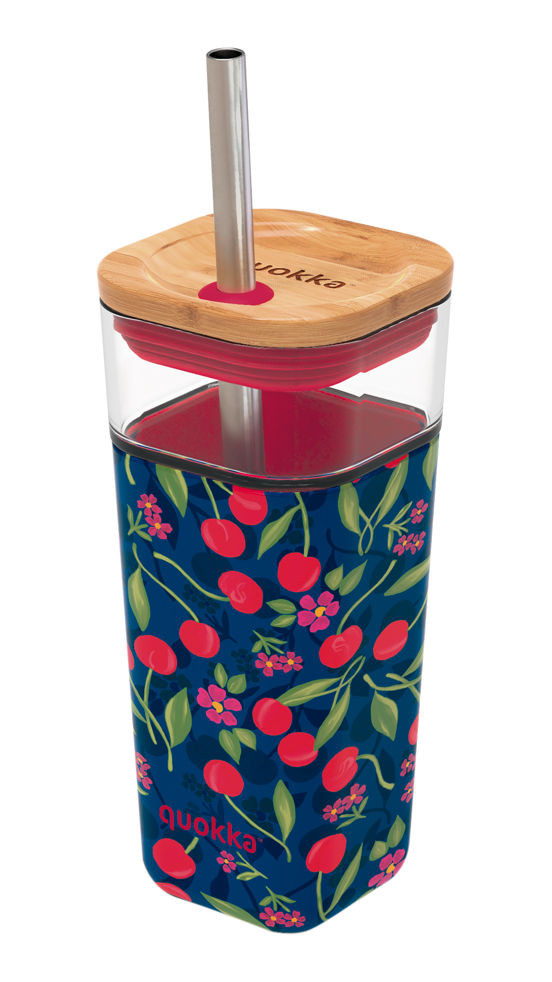 QUOKKA GLASS STRAW TUMBLER WITH SILICONE COVER LIQUID CUBE CHERRIES 540 ML