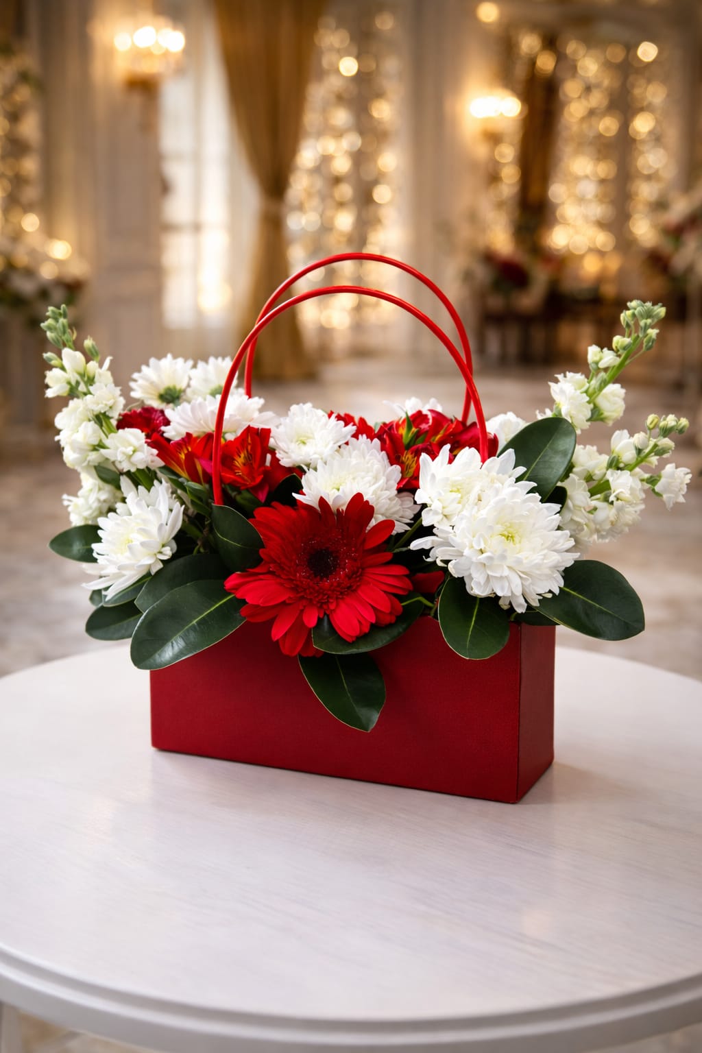 Flower handbag base 14 - red gerbera and white chrysanthemum arrangement in a red handbag box
