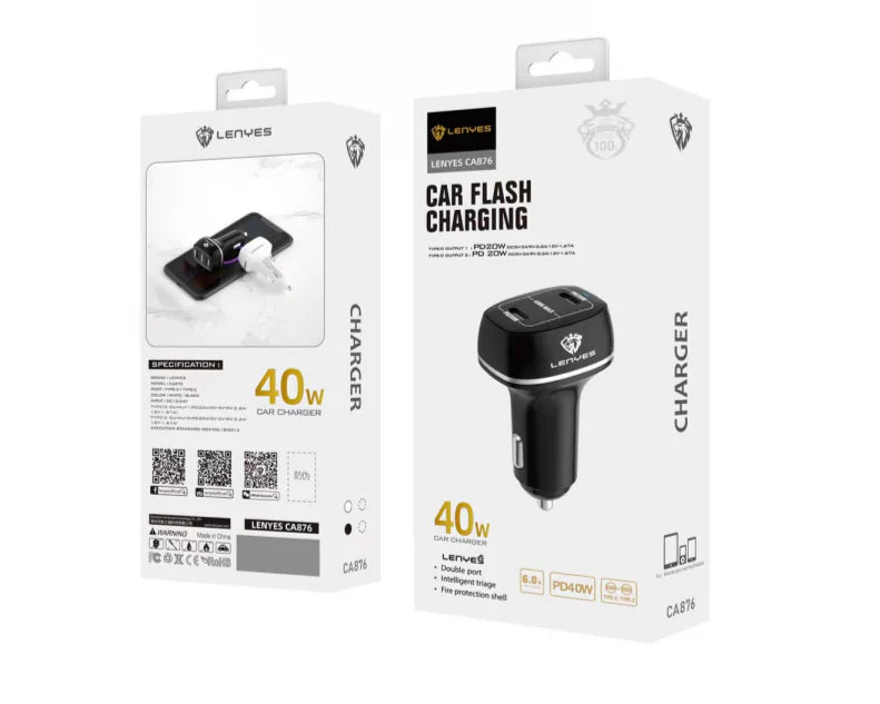 Lenyes CA876-TC PD 30W Car Charger with Type-C Cable – Black