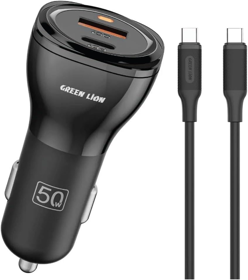 Green Lion 50W Car Charger + USB-C to USB-C Cable – Dual Port