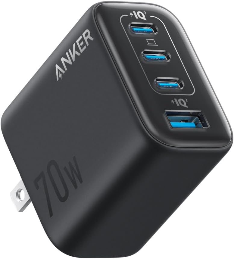 شاحن أنكر زولو 70 واط، 4 منافذ GaN - 3 منافذ USB-C ومنفذ USB-A واحد، شحن سريع لأجهزة ماك بوك، آيفون وسامسونج (النسخة الصينية)
