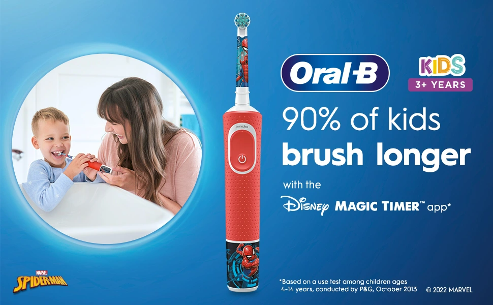 فرشاة أسنان أورال بي الكهربائية القابلة لإعادة الشحن للأطفال مع 4 ملصقات مستوحاة من سبايدرمان للأعمار من 3 سنوات فما فوق