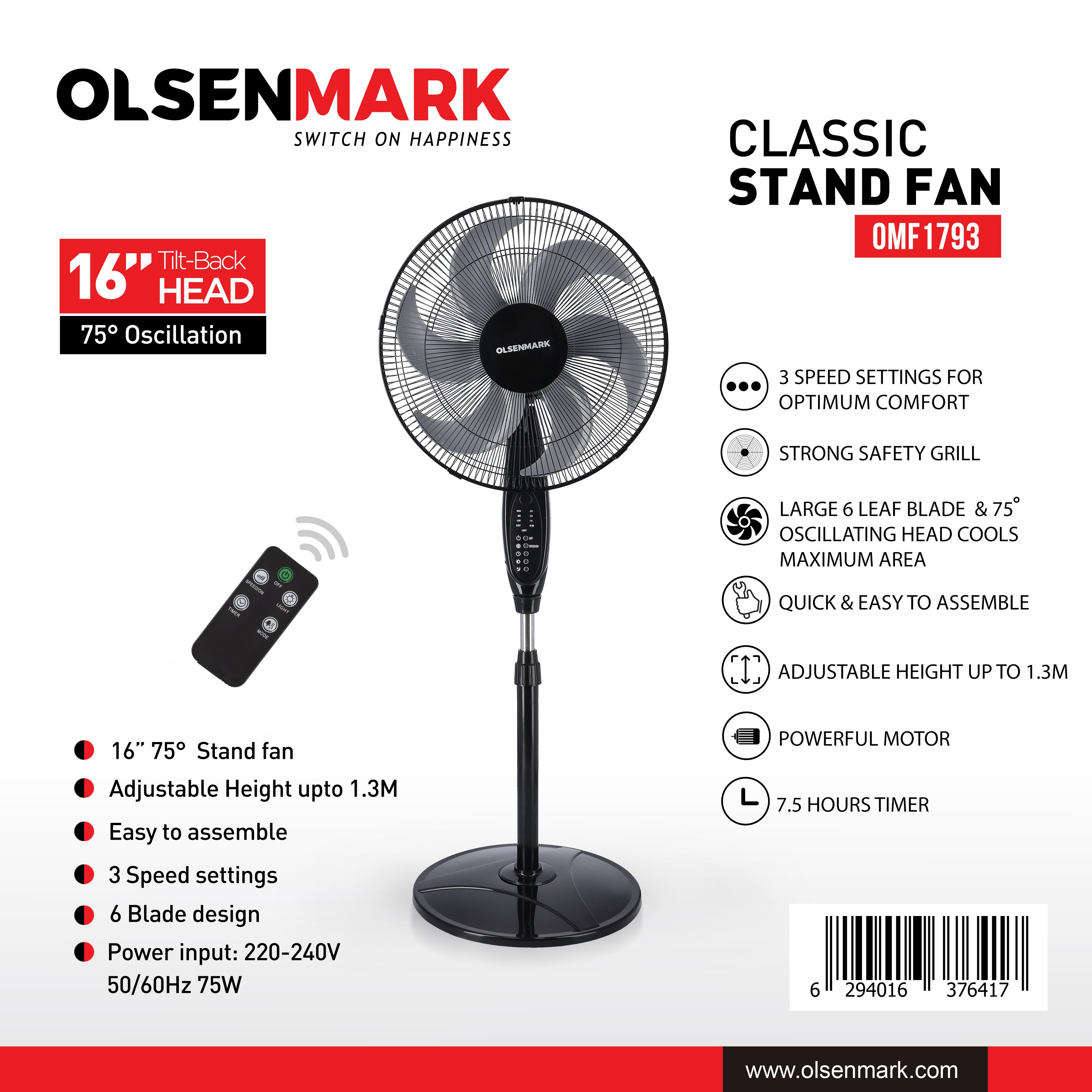 Olsenmark 16" Stand Fan with Remote Control & Timer