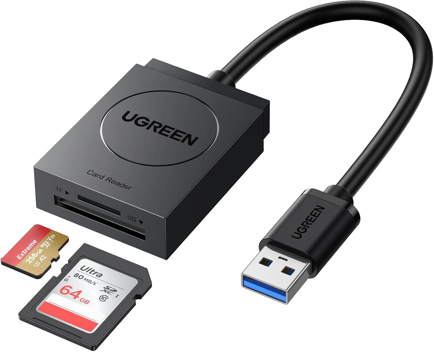 UGREEN USB 3.0 Dual SD/TF Card Reader with 6" Cord – 5Gbps, 2TB Support