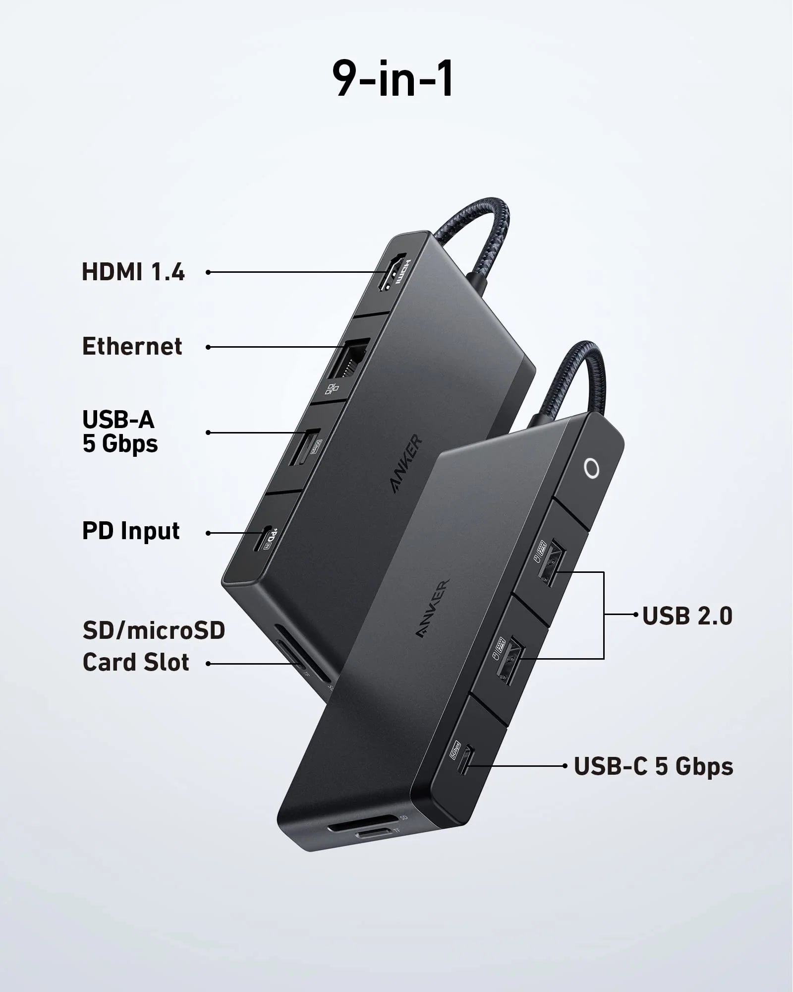 موزع Anker 552 USB-C (9 في 1، HDMI بدقة 4K) B2B - UN (باستثناء الصين وأوروبا) أسود، الإصدار 1