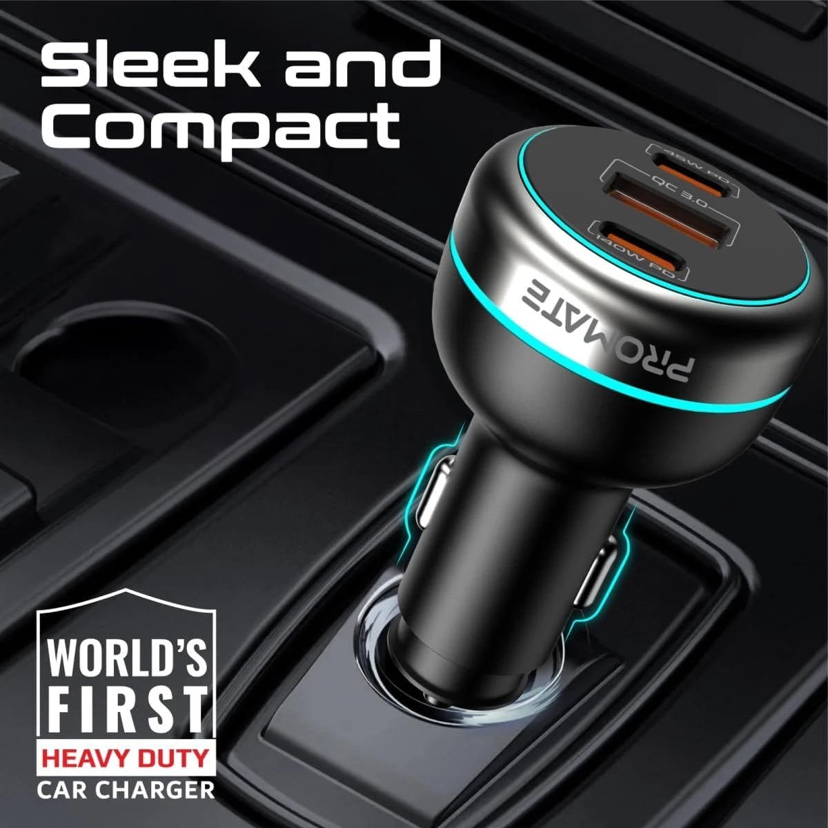 Promate POWERDRIVE-230 230W Rapid Charge Car Charger with Dual PD & QC Ports