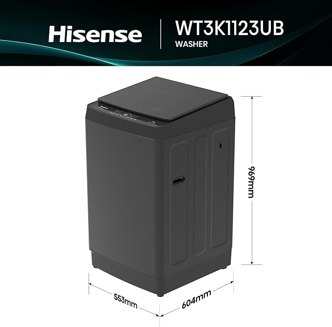 Hisense WT3K1123UB 11KG Top Load Washing Machine Black - Open Lid MaxLoad Opening 516mm