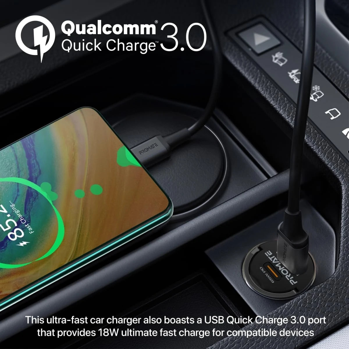 Promate TransDrive-65W - RapidCharge™ Transparent Mini Car Charger with Power Delivery & QC 3.0