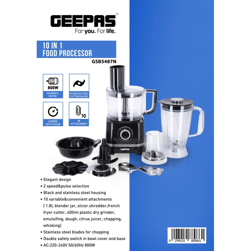 محضّر طعام Geepas GSB5487 10 في 1 – 800 واط، ستانلس ستيل