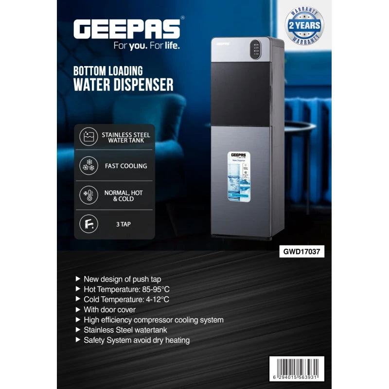 Geepas Bottom Loading Water Dispenser, 3 Taps (Hot/Cold/Normal), Grey GWD17037