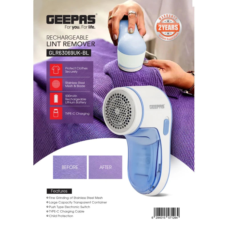 Geepas Rechargeable Lint Remover, Type-C, Child Lock, White/Blue GLR63069UK-BL