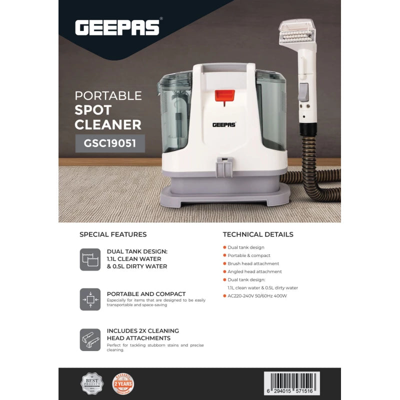 منظف محمول Geepas GSC19051 – 400 واط، خزان مزدوج، لرغوة وتنظيف