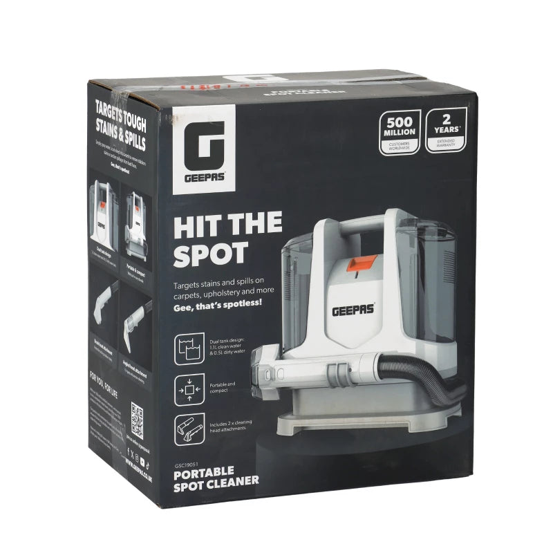 Geepas GSC19051 Portable Spot Cleaner – 400W, Dual Tank, 2 Cleaning Heads | Carpets & Upholstery | White