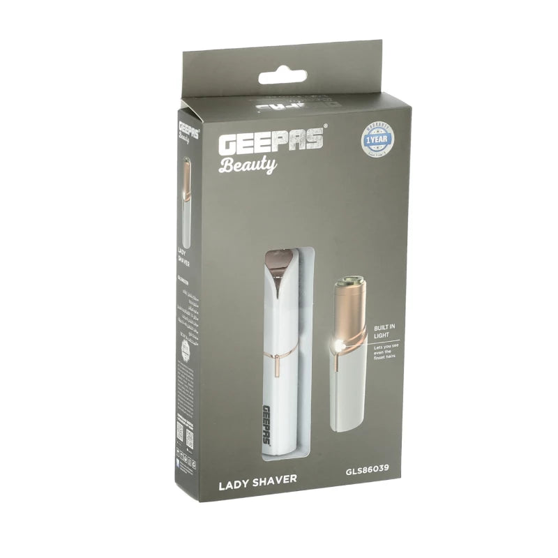 Geepas GLS86039 Lady Shaver with Built-in Light – USB Rechargeable, Painless Hair Removal for Face & Body | White & Gold