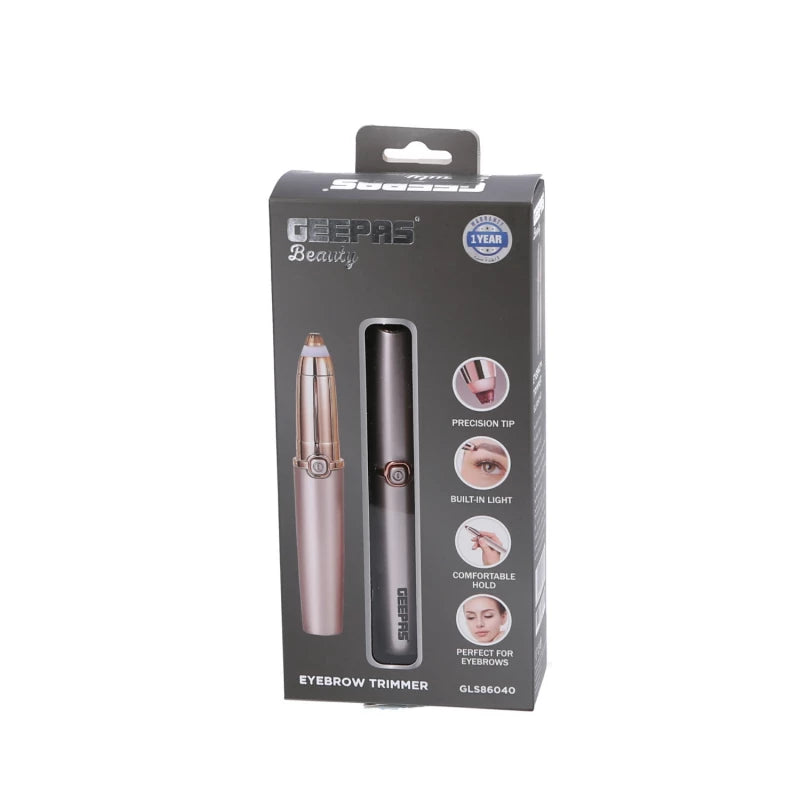 Geepas GLS86040 Eyebrow Trimmer – USB Rechargeable, Built-in Light, Precision Blades | Rose Gold