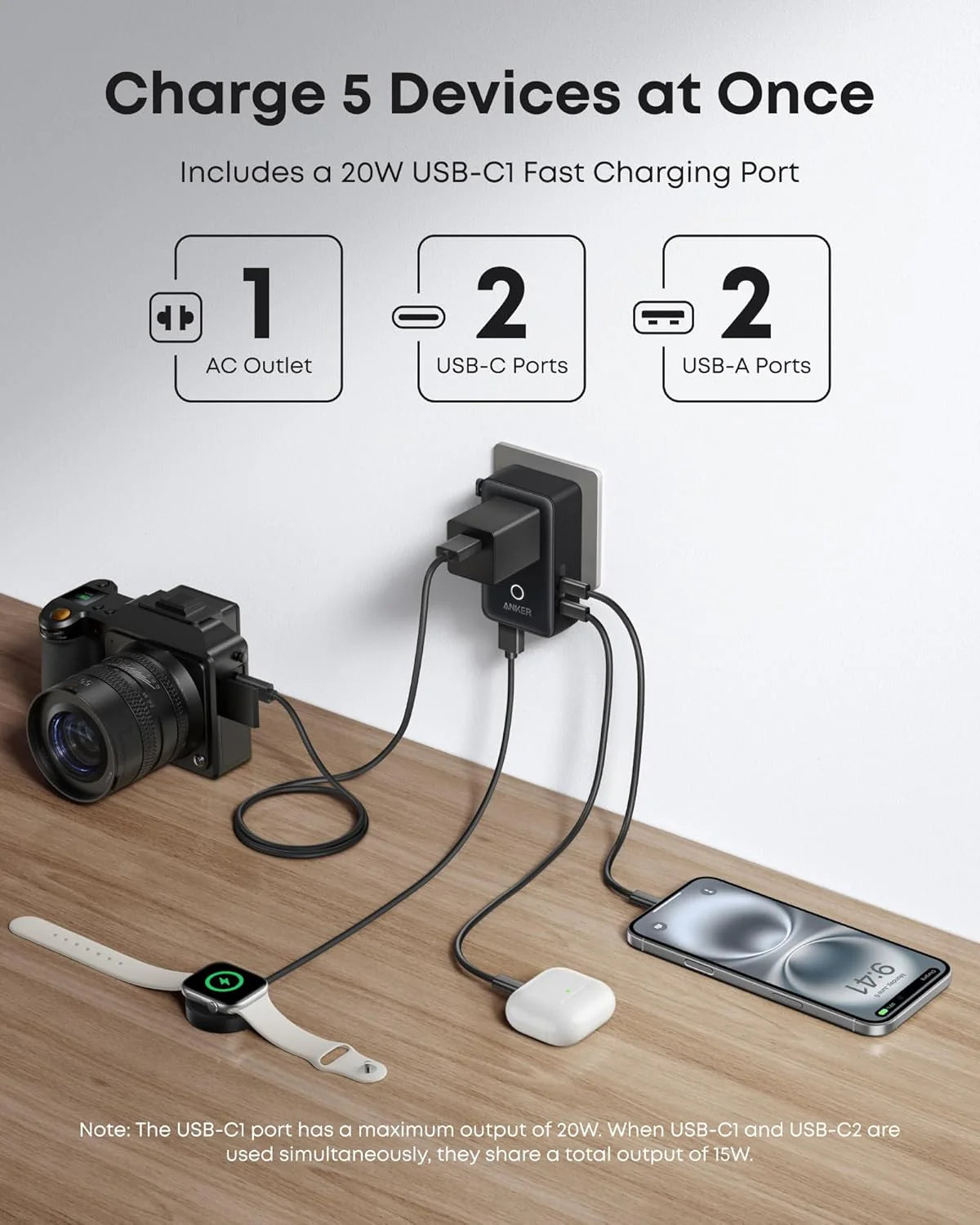 محول أنكر نانو للسفر (5 في 1، 20 واط) - مقابس عالمية، منفذان USB-A، منفذان USB-C