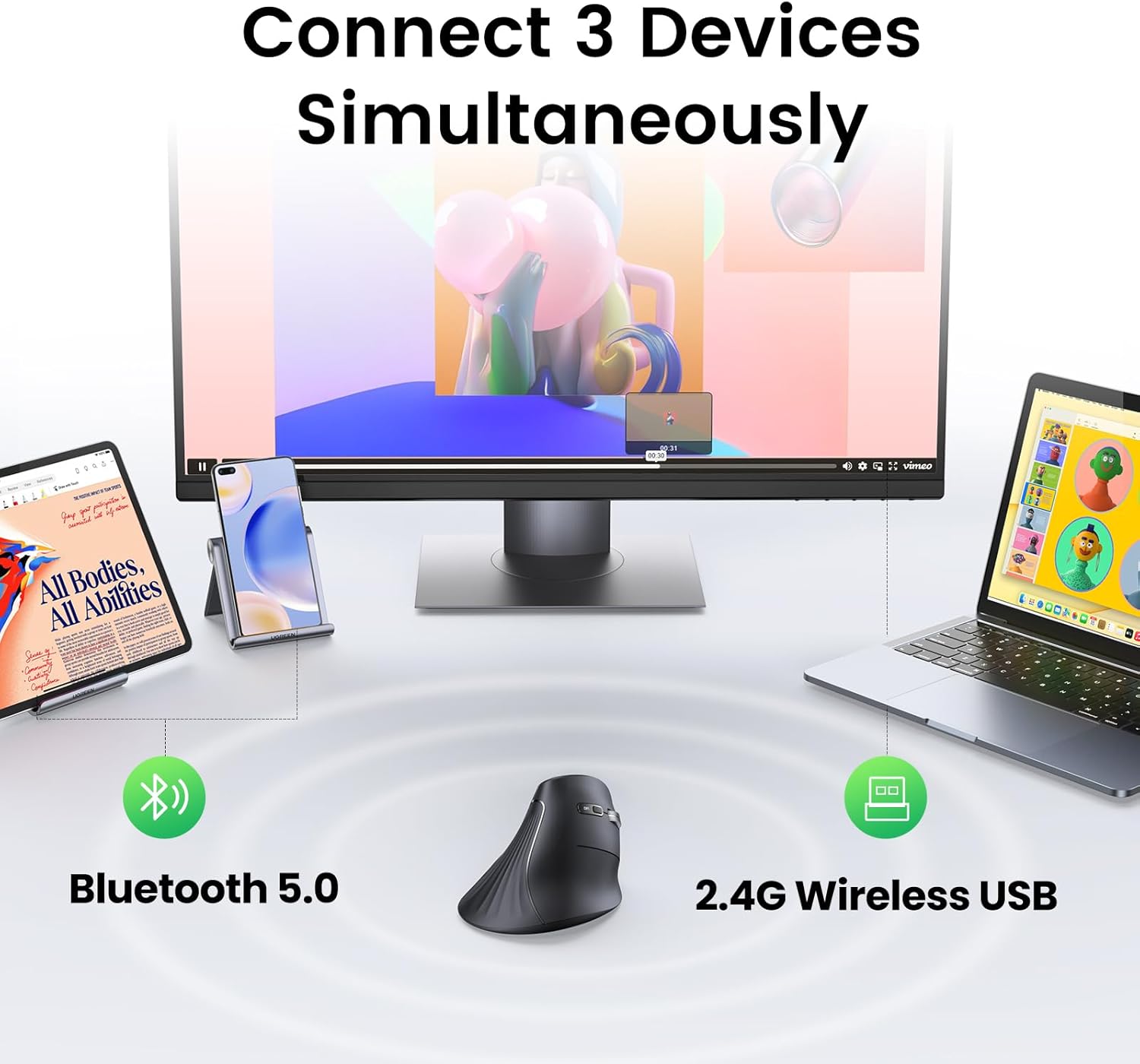 UGREEN Vertical Wireless Mouse, Ergonomic, 4000 DPI Dual Mode