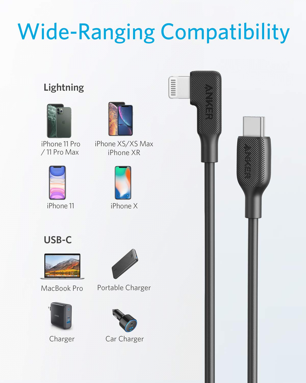 كابل Anker PowerLine C إلى Lightning بزاوية قائمة بطول 6 أقدام - أسود