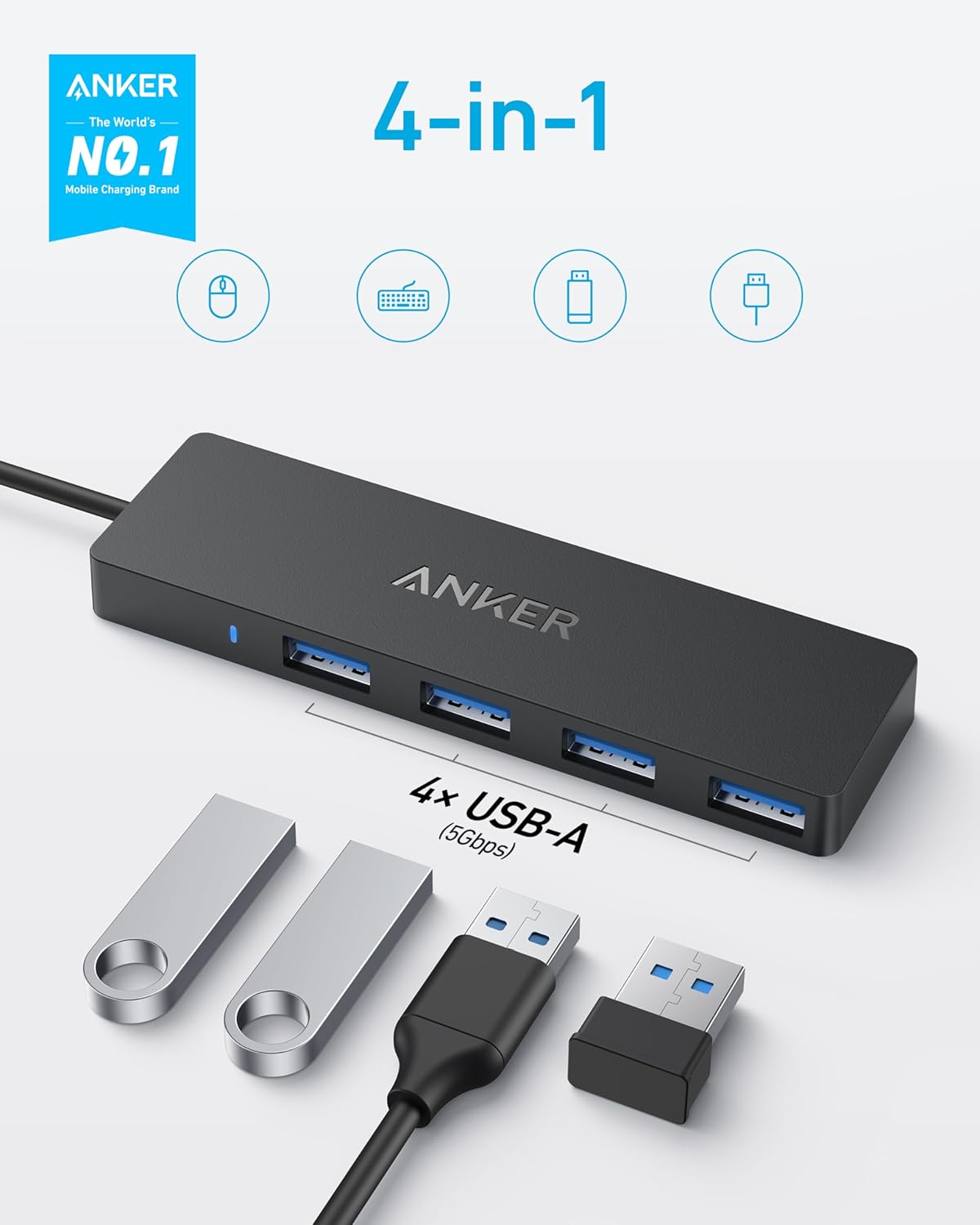 Anker USB-C Hub 4-in-1 5Gbps – 4x USB 3.0 Ports | 2ft Cable | Plug & Play