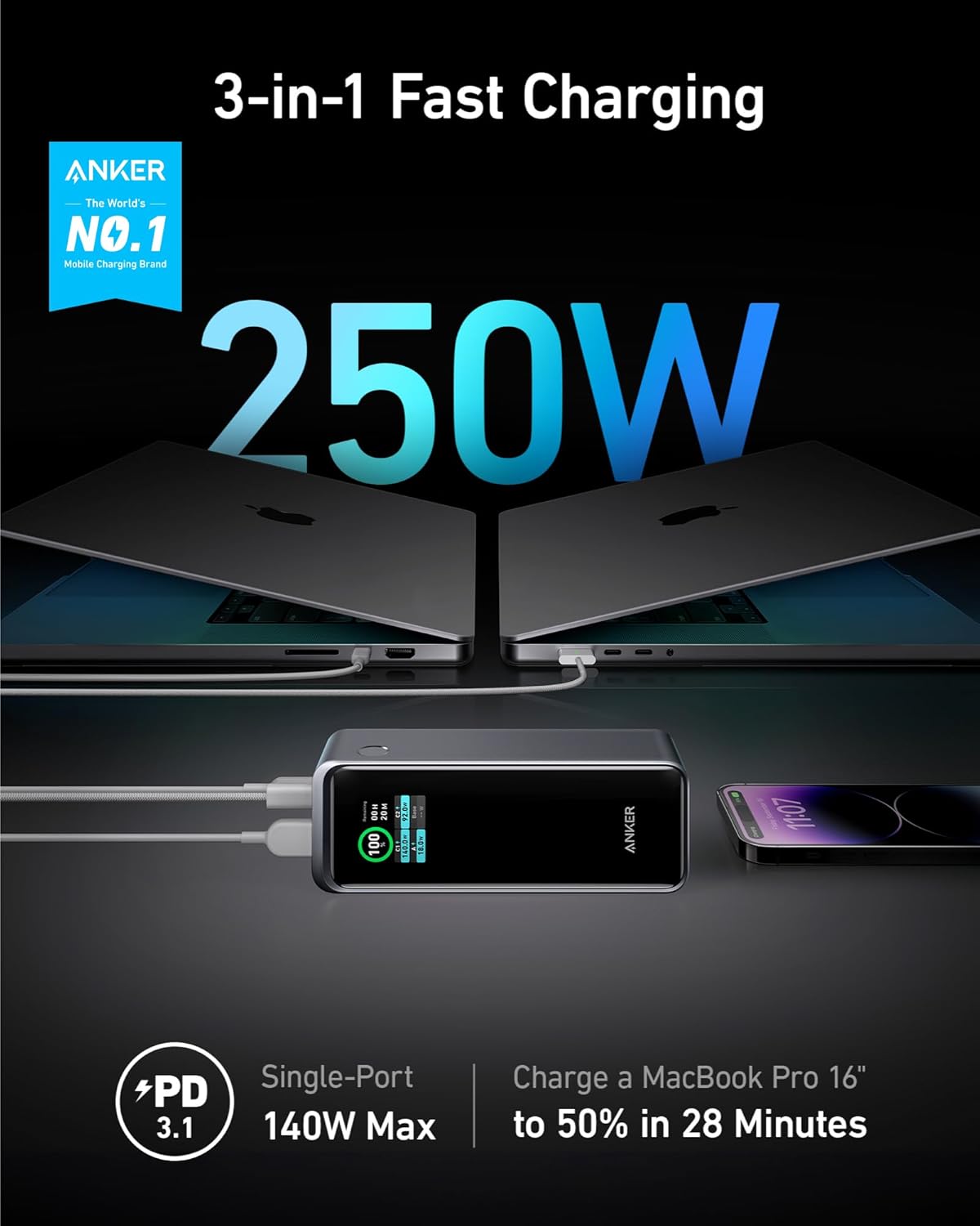 Anker Prime Power Bank 27,650mAh – 250W Fast Charging, 3 Ports