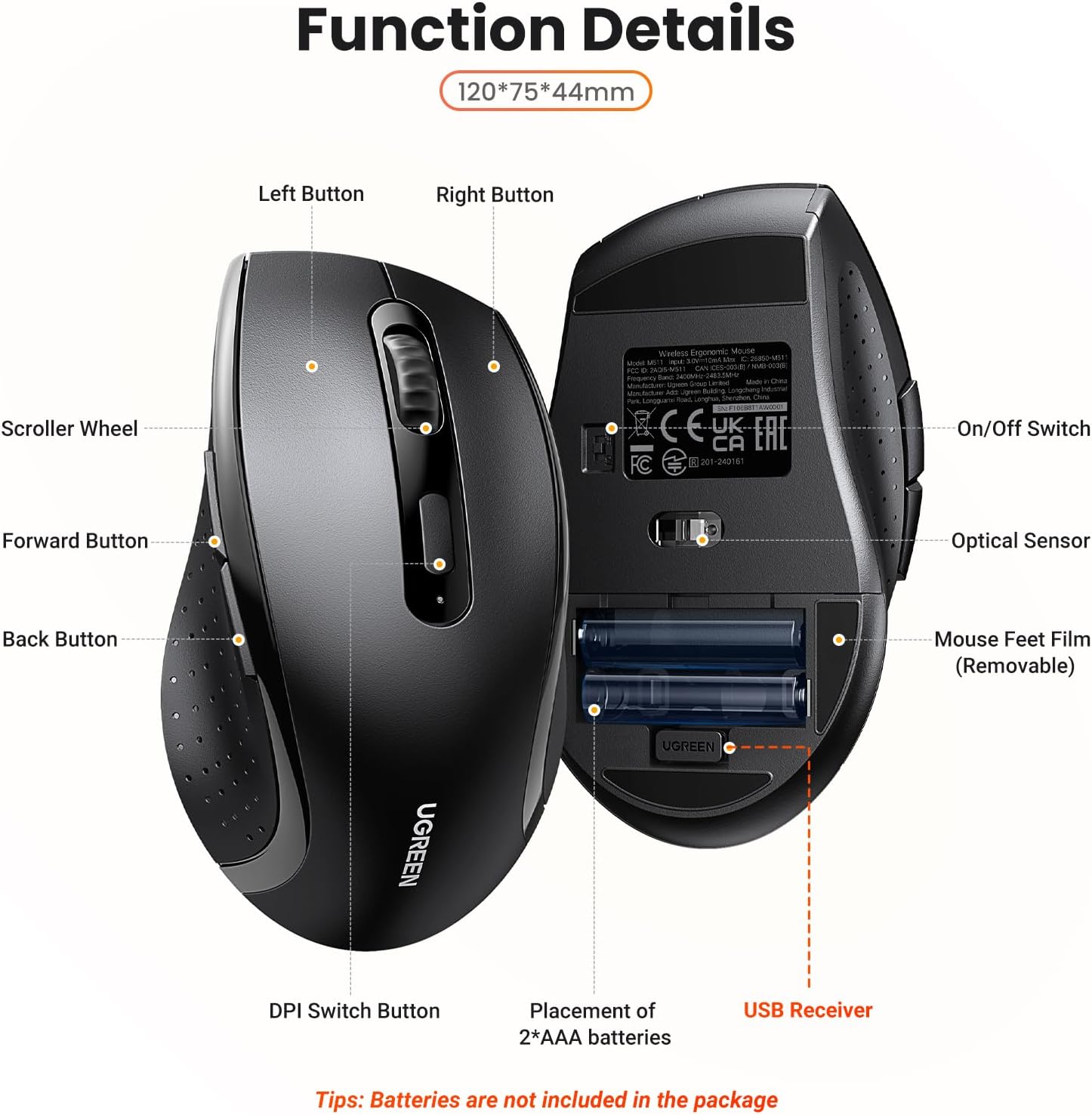 ماوس UGREEN لاسلكي 2.4G بـ6 أزرار ودقة 1600 DPI