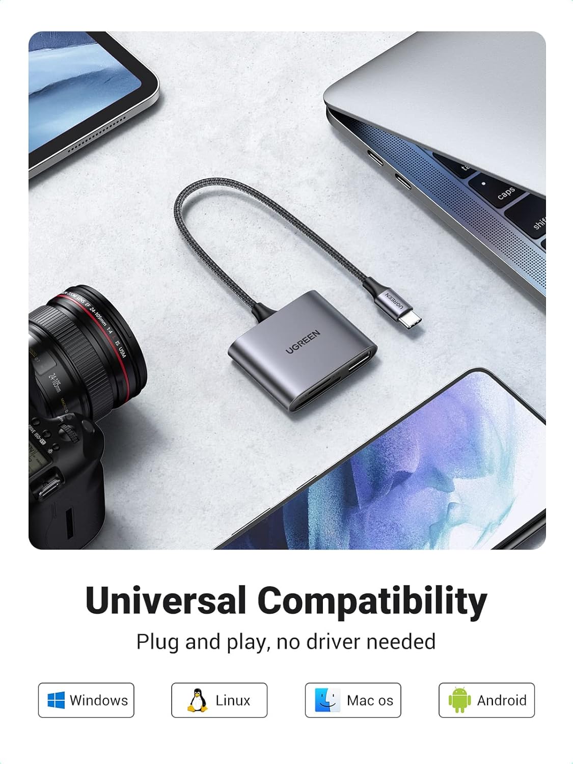 UGREEN قارئ كروت USB-C 3 في 1 بمدخل USB وذاكرة مزدوجة