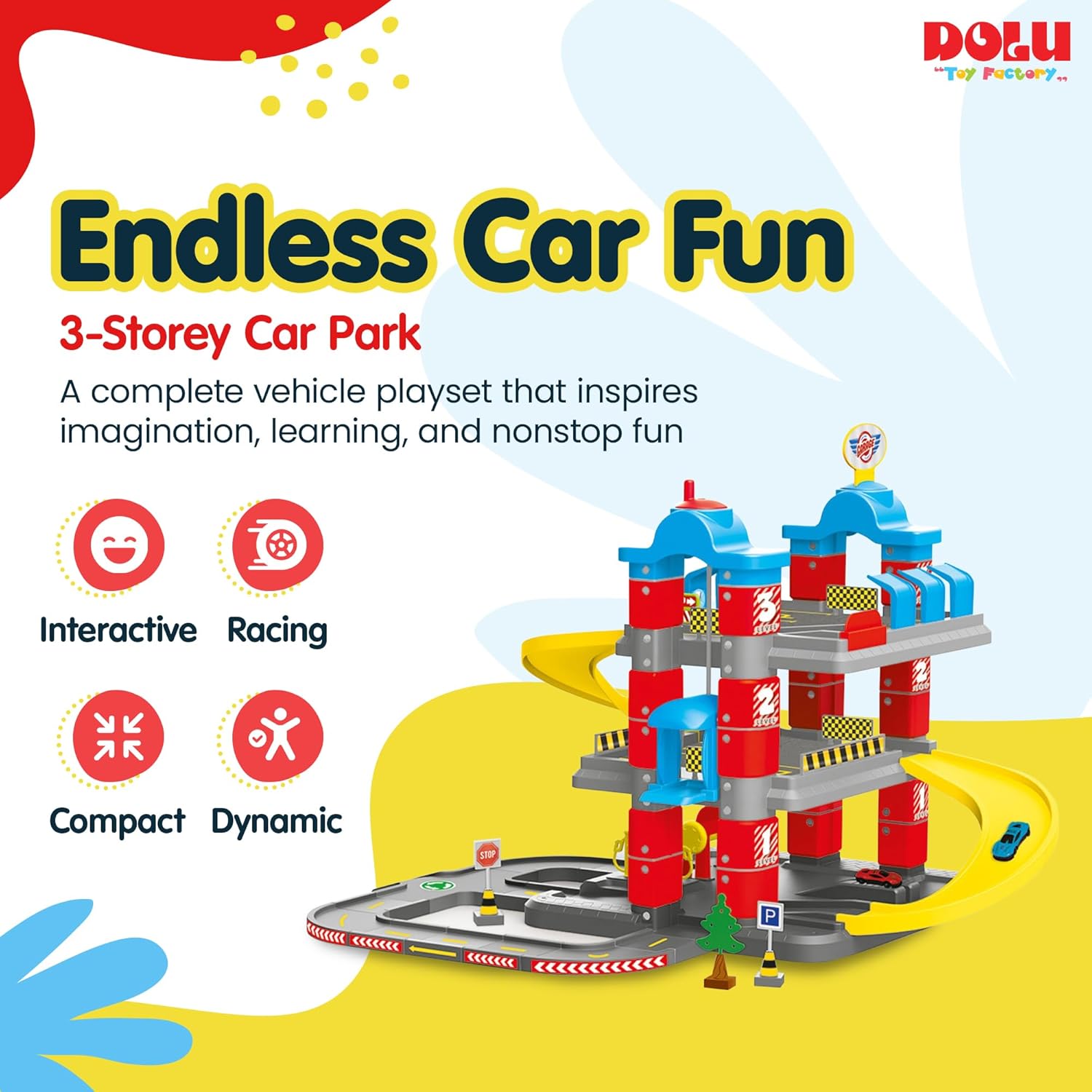 DOLU 3-Level Car Garage Playset with Lift & 2 Diecast Cars