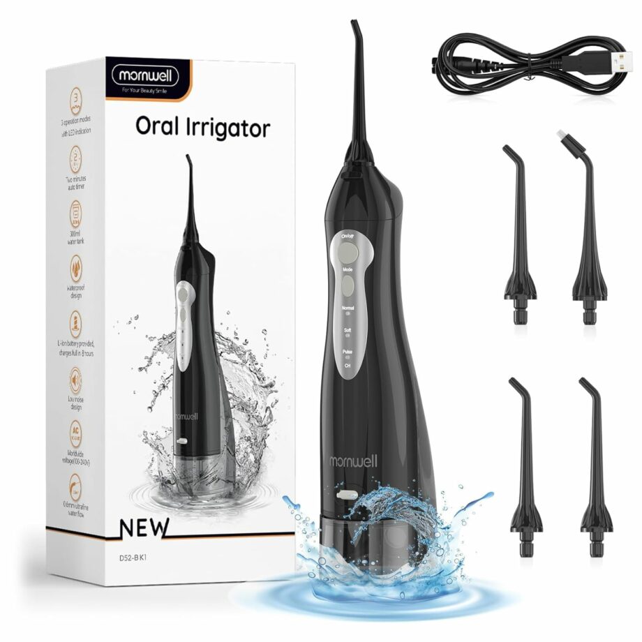 Mornwell Portable 3 Modes 4 Jet Tips IPX7 Waterproof Water Flosser – Black