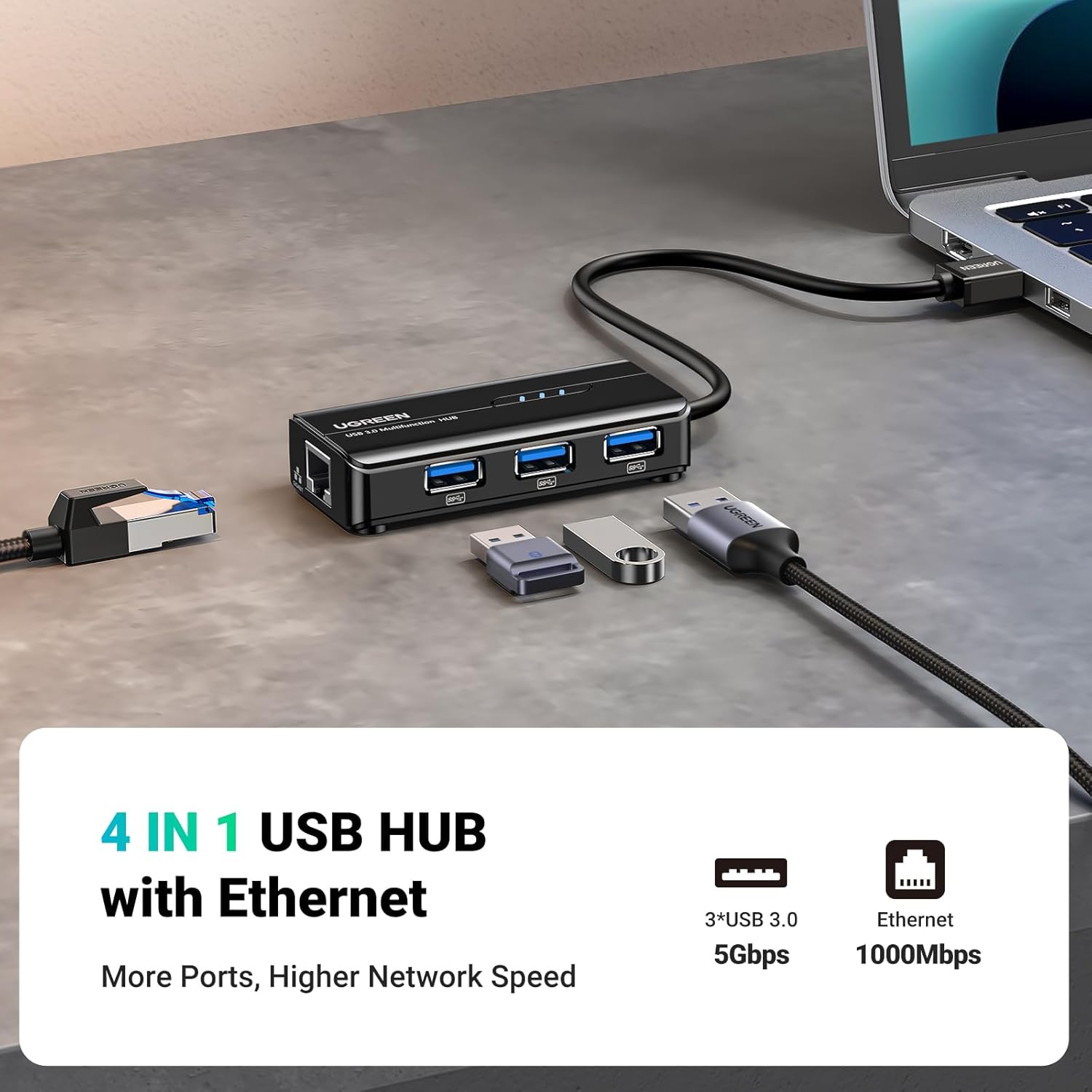 UGREEN Hub USB 3.0 مع منفذ إيثرنت جيجابت و3 منافذ USB - متوافق مع Mac وPC