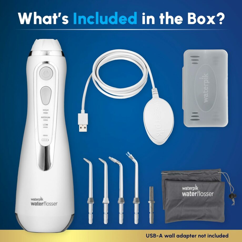 Waterpik فلوسر مائي لاسلكي أبيض مع شنطة و4 رؤوس