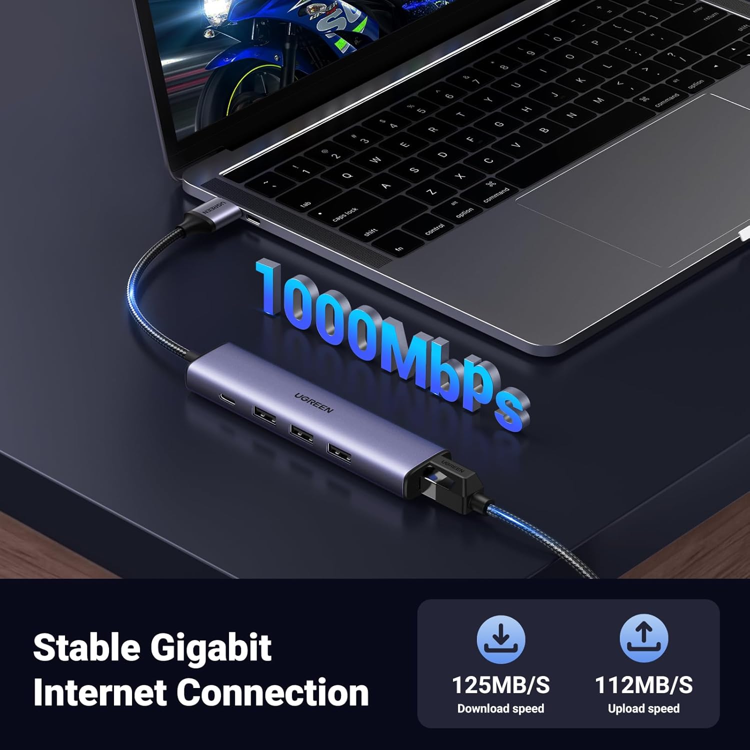 محول UGREEN USB إلى إيثرنت 5 في 1 بمنفذ RJ45 و3 USB