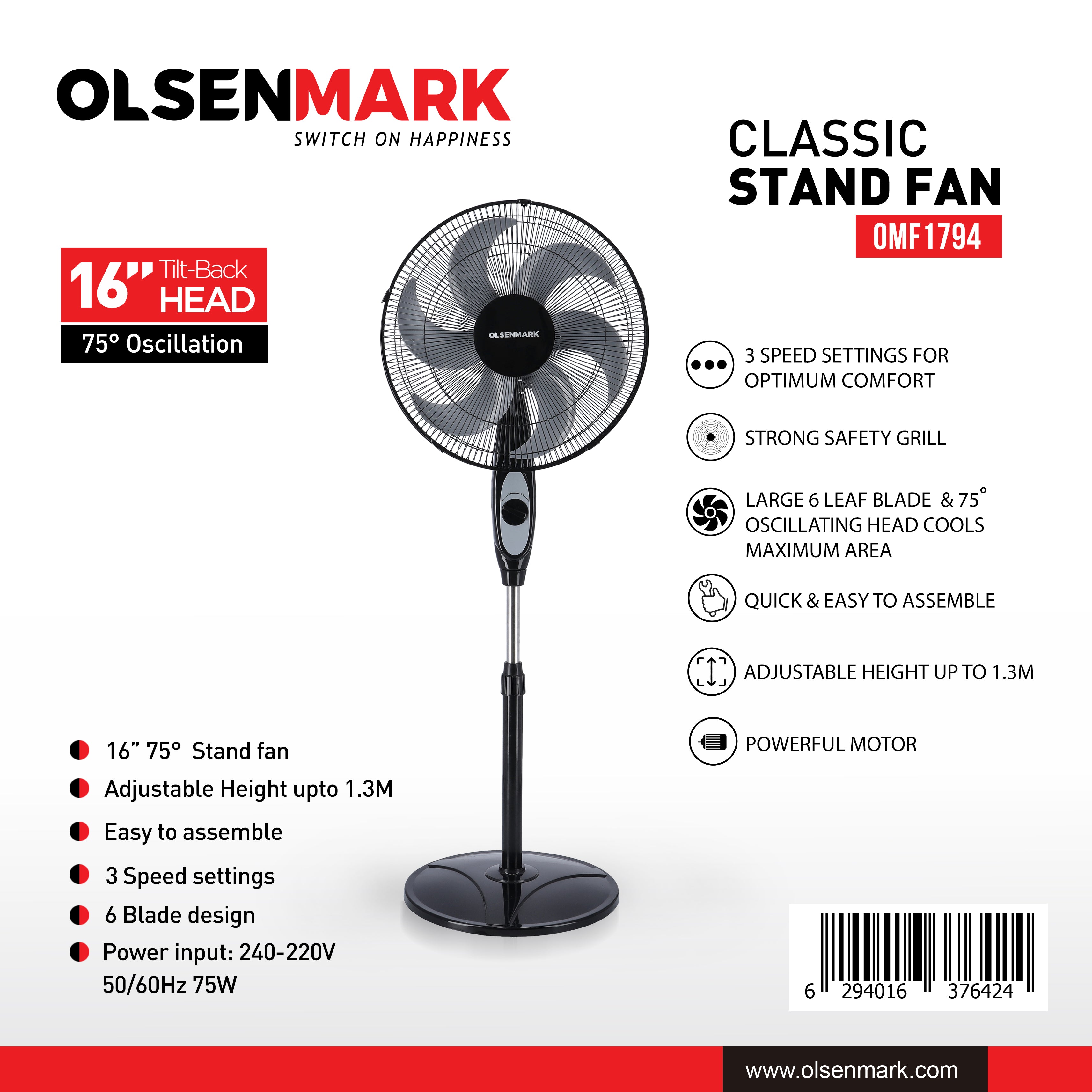 Olsenmark 16" Classic Stand Fan with 3 Speeds & 6 Metal Blades