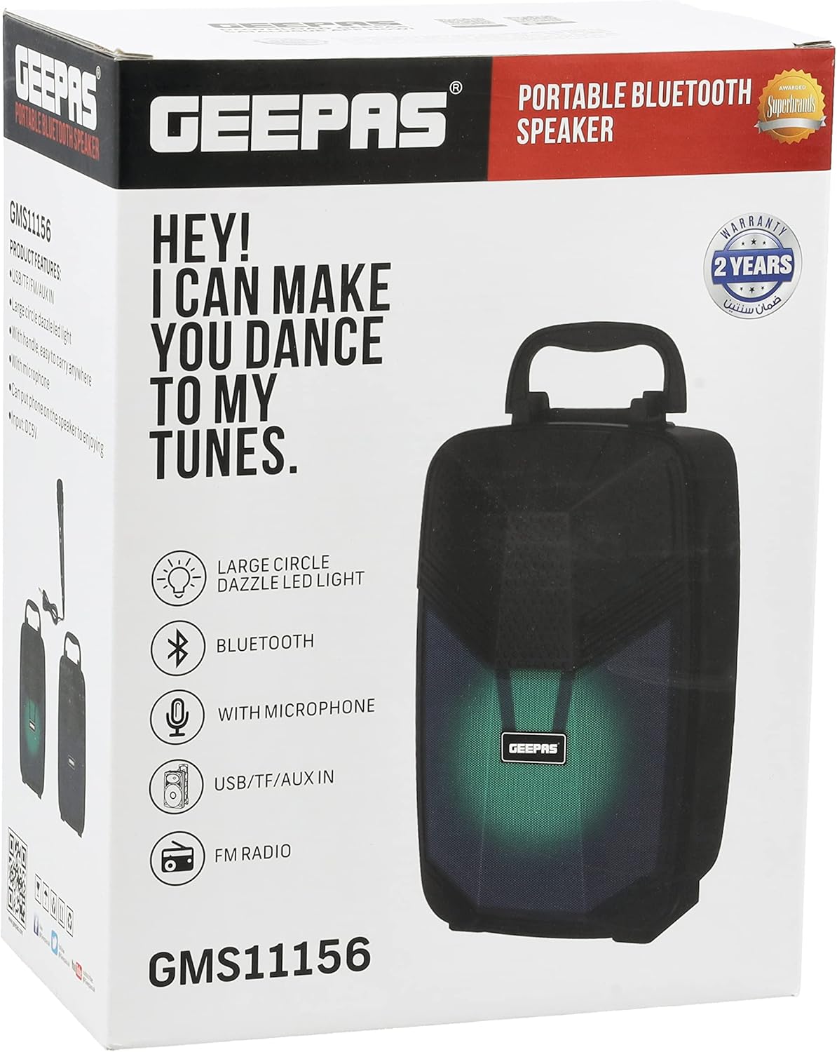 Geepas Portable Bluetooth Speaker with Microphone – GMS11156 | USB/TF/FM/AUX | LED Light | 10W | 30M Range | Black