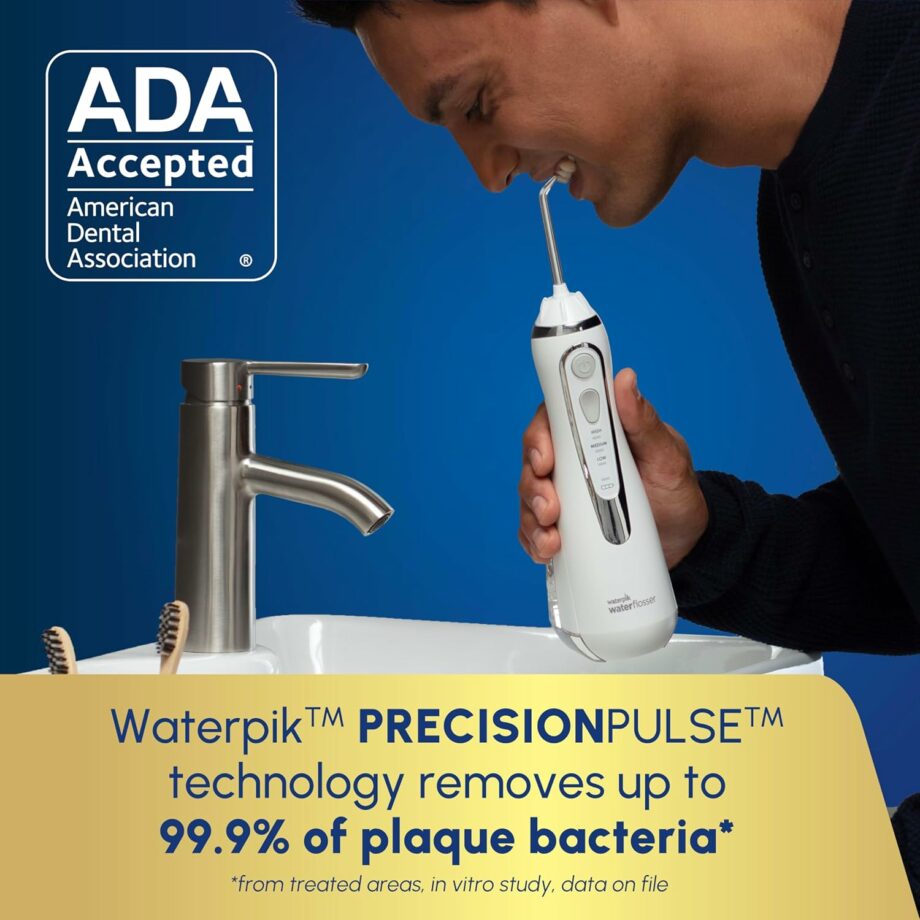 Waterpik فلوسر مائي لاسلكي أبيض مع شنطة و4 رؤوس