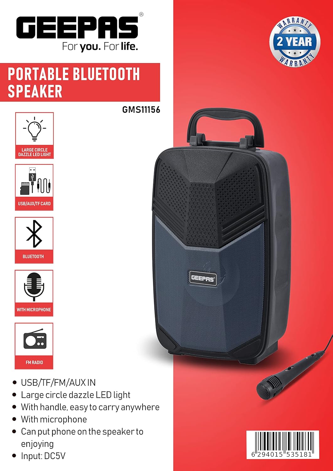 Geepas Portable Bluetooth Speaker with Microphone – GMS11156 | USB/TF/FM/AUX | LED Light | 10W | 30M Range | Black