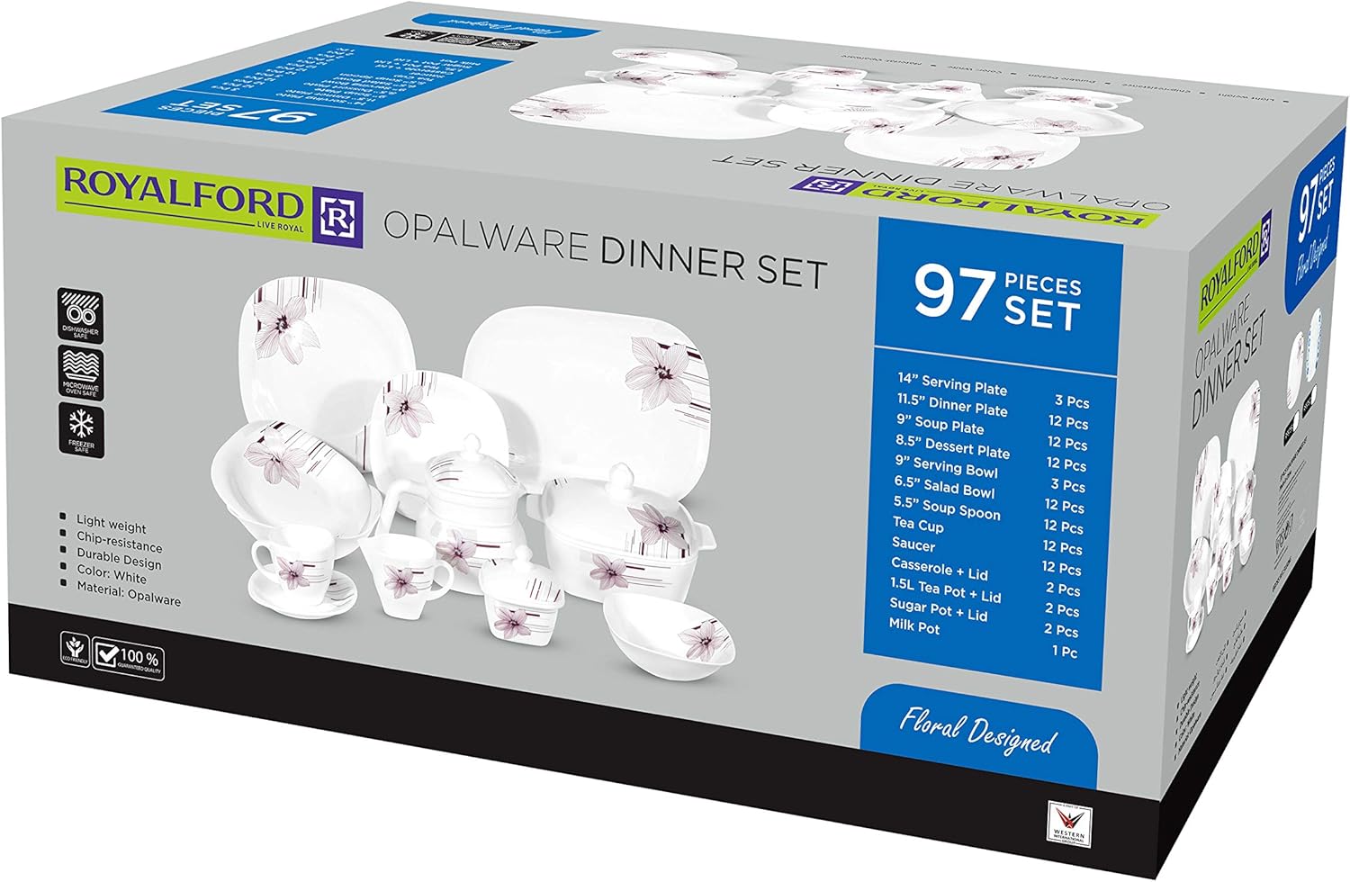 Royalford RF9760 Opalware 97-Piece Elegant Dinner Set