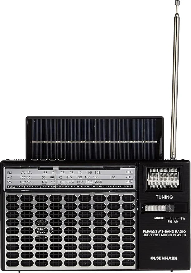 Olsenmark OMR1276 Portable Rechargeable Retro Radio with Bluetooth, USB, TF & Karaoke – 3-Band | Solar Charging | Black