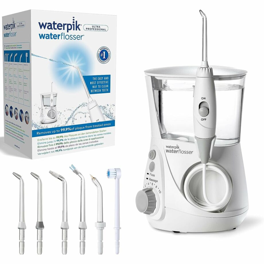 Waterpik فلوسر مائي احترافي أبيض بـ7 رؤوس ونظام ضغط متطور
