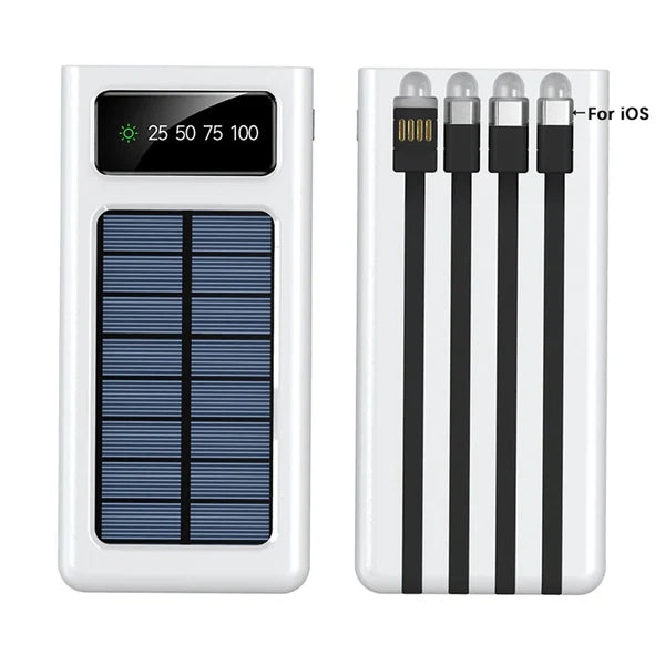 Solar Power Bank 10000mAh with LED Light and Built-in Cables