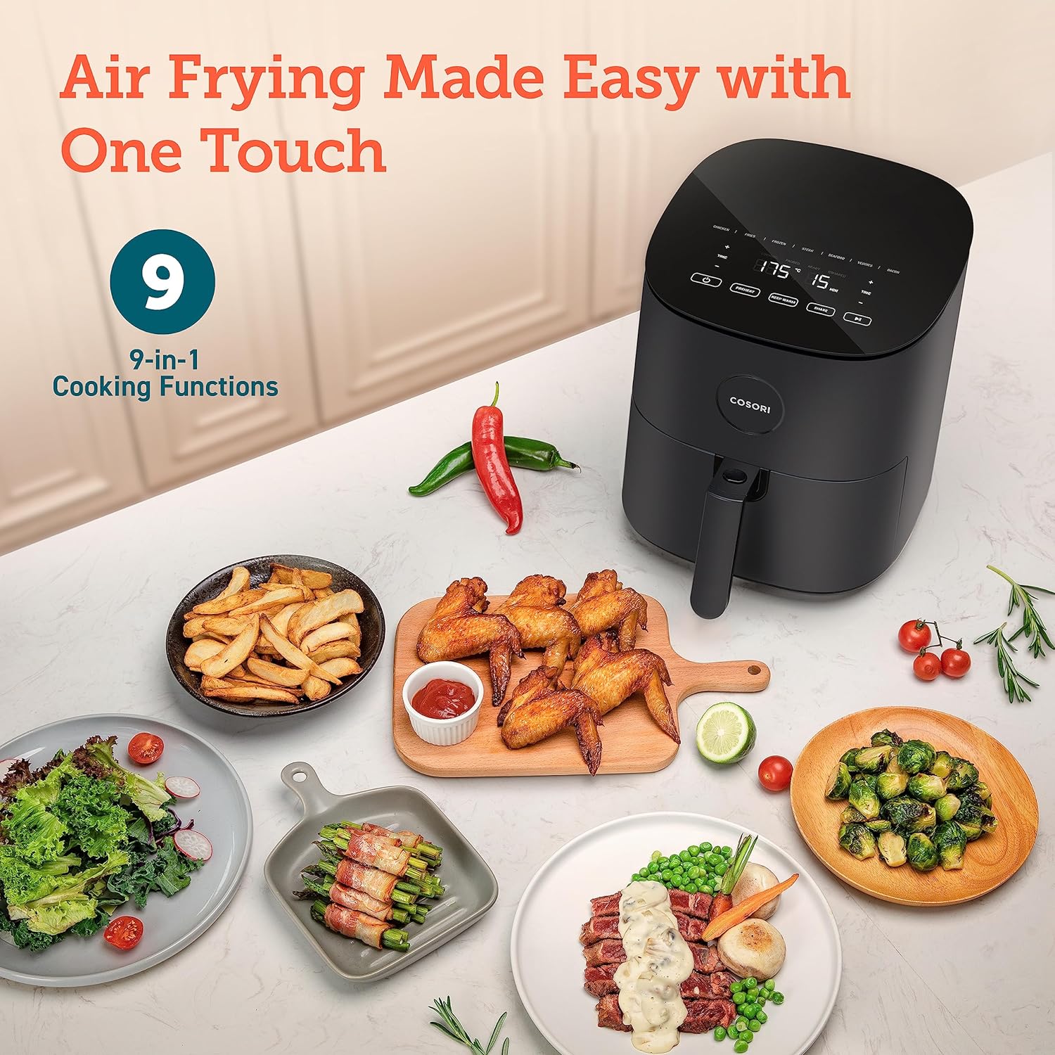COSORI Air Fryer 4.7L 9 in 1 Compact Air Fryers Oven Digital Tempered Glass Display