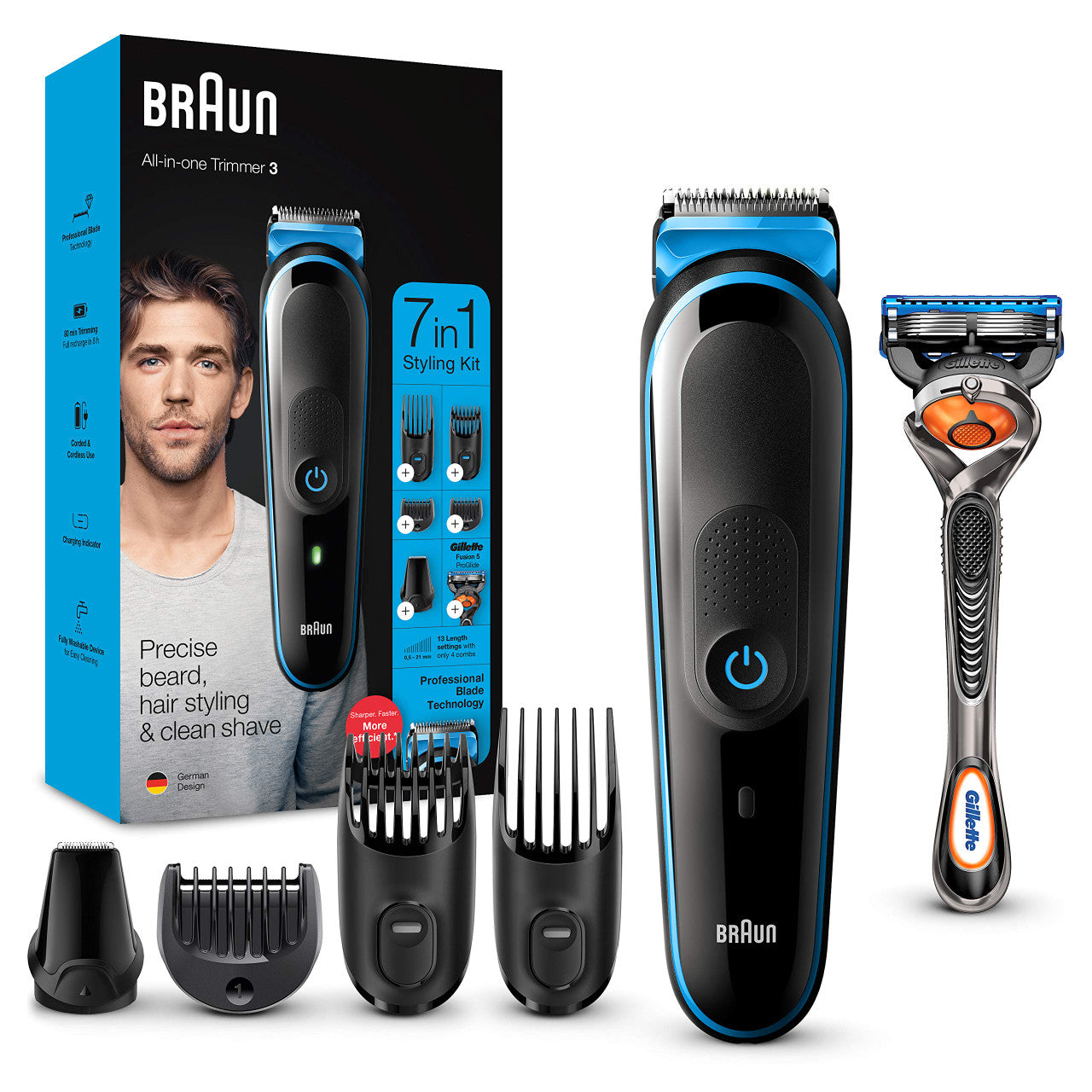 Braun: 9-in-1 Men's Grooming Kit ,Beard Trimmer, Hair Clippers, Ear & Nose Trimmer - Black/Blue