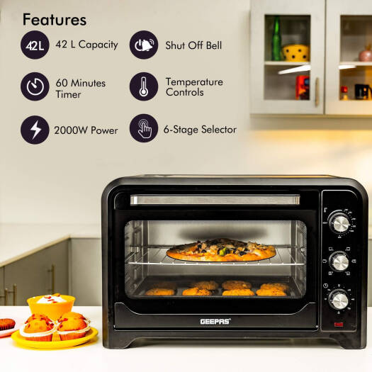 Geepas 2000W 42L Electric Oven, Rotisserie, 6-Stage Heating, Black GO4450